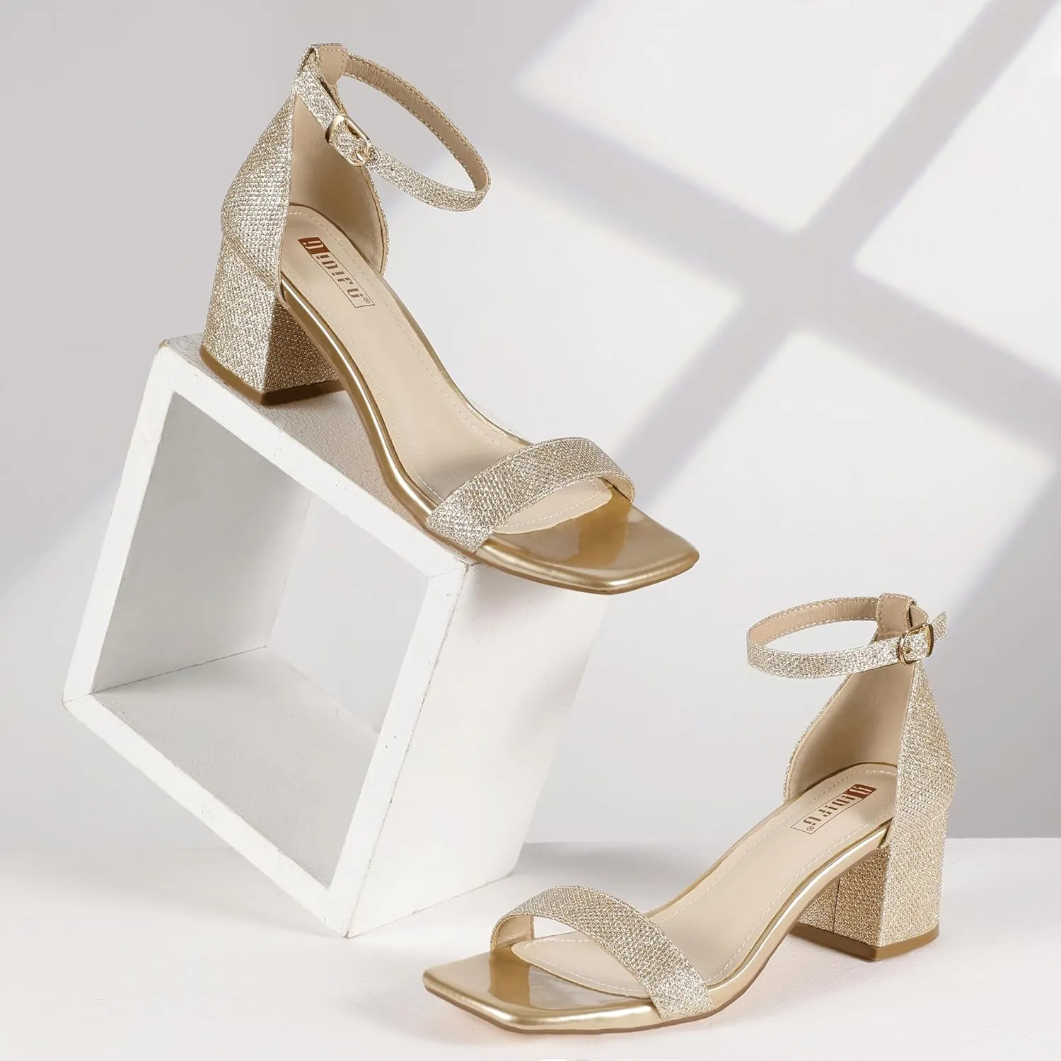 IDIFU IN2 Chunky Block Low Heels Square Open Toe Ankle Strap Short Heeled Sandals Wedding Bride Bridal Ladies Summer Prom Dress Shoes for Women Dressy Comfortable Formal Cute Trendy Small Thick Heels
