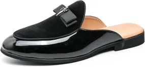 Men's Bowtie Patent Leather Slip-On Mules Slippers,Flats Stylish Formal Backless Loafers Work Slides Casual Half Loafers Sandals