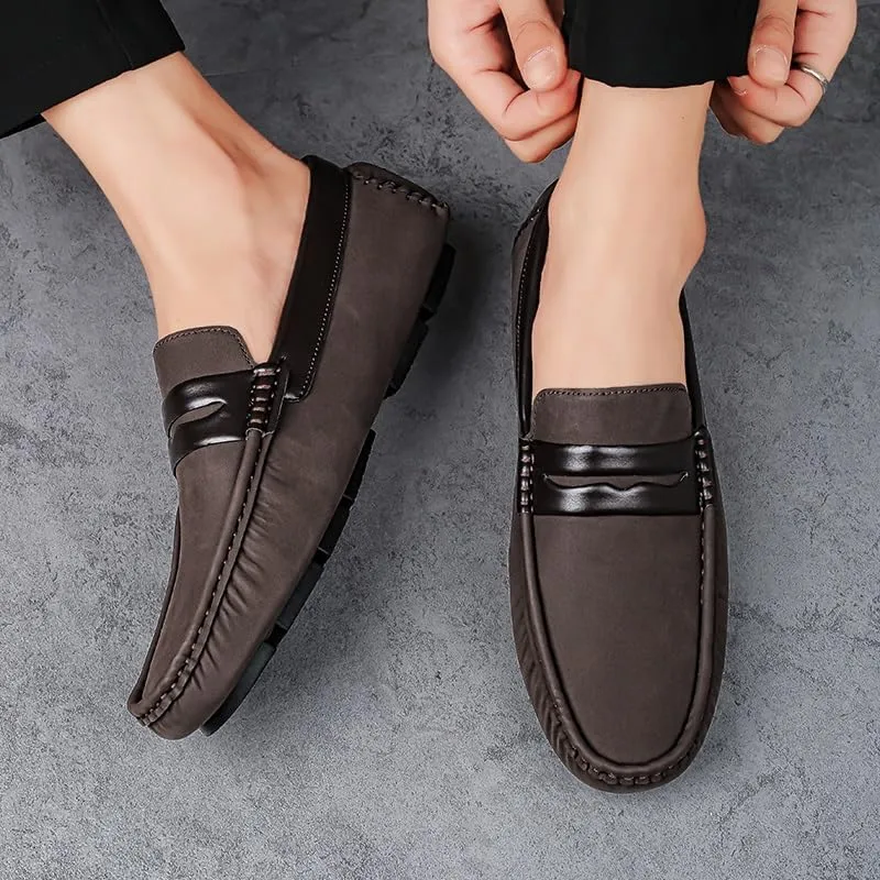 Men's Loafers Square Toe Leather Patchwork Penny Driving Loafers Flat Heel Slip Resistant Lightweight Classic Walking Slip-on