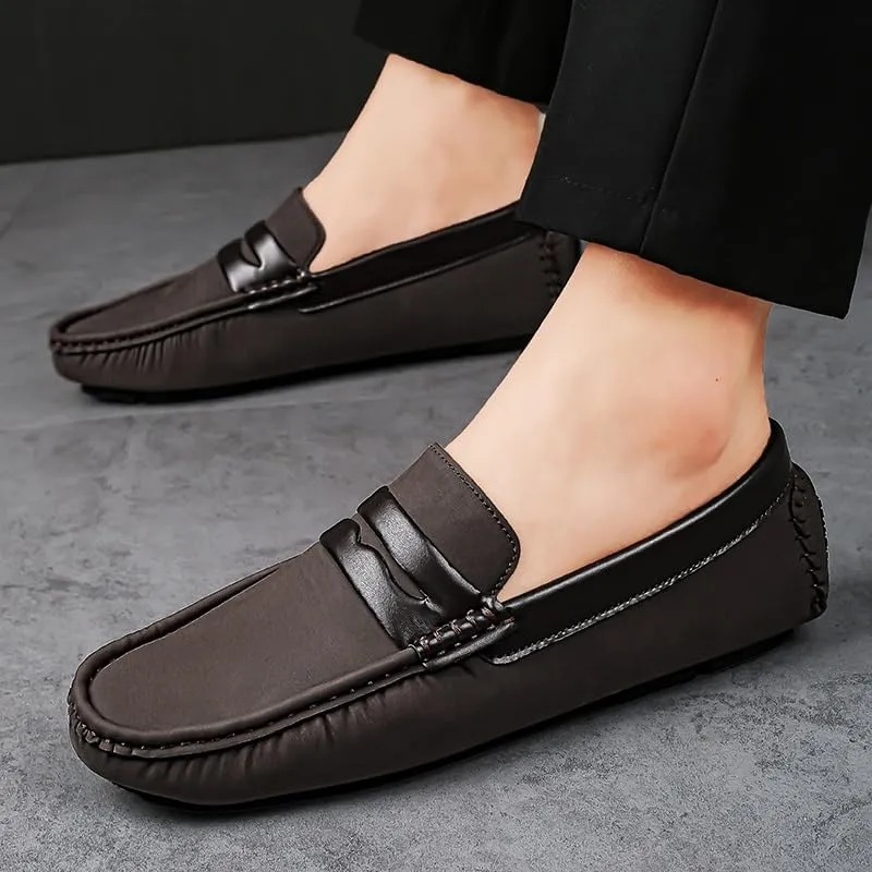 Men's Loafers Square Toe Leather Patchwork Penny Driving Loafers Flat Heel Slip Resistant Lightweight Classic Walking Slip-on