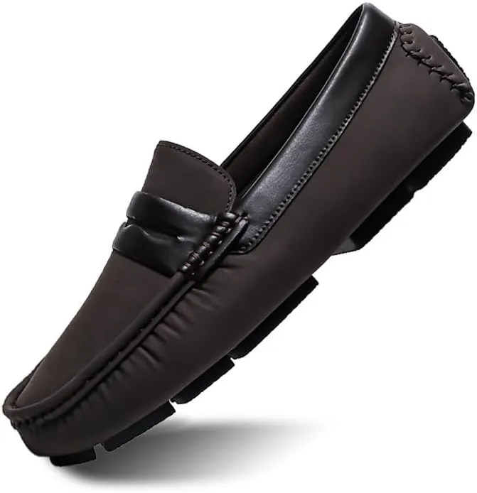 Men's Loafers Square Toe Leather Patchwork Penny Driving Loafers Flat Heel Slip Resistant Lightweight Classic Walking Slip-on