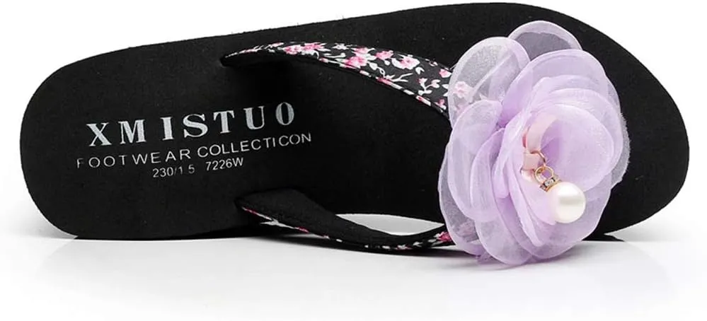 MIOKE Flower Wedge Flipflops For Womens Trendy Summer Boho High Heel Platform Nonslip Beach Thong Sandals