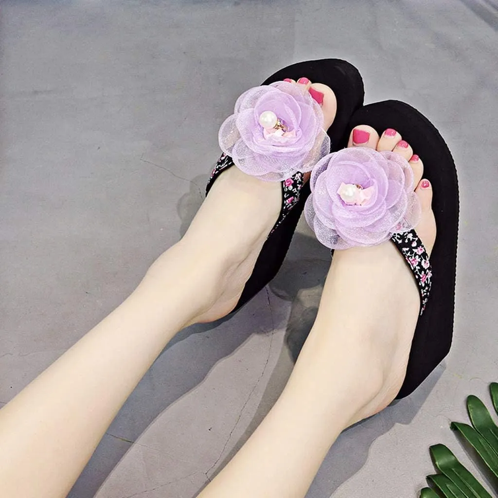 MIOKE Flower Wedge Flipflops For Womens Trendy Summer Boho High Heel Platform Nonslip Beach Thong Sandals
