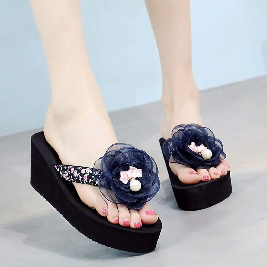 MIOKE Flower Wedge Flipflops For Womens Trendy Summer Boho High Heel Platform Nonslip Beach Thong Sandals