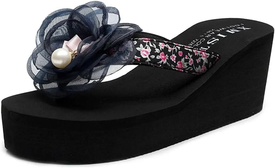 MIOKE Flower Wedge Flipflops For Womens Trendy Summer Boho High Heel Platform Nonslip Beach Thong Sandals
