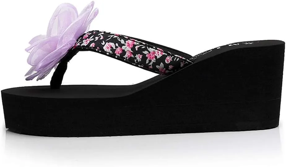 MIOKE Flower Wedge Flipflops For Womens Trendy Summer Boho High Heel Platform Nonslip Beach Thong Sandals