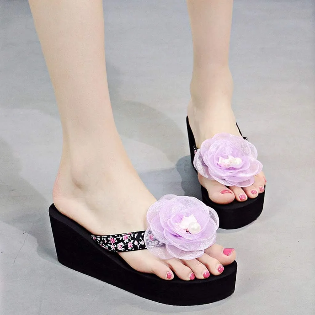 MIOKE Flower Wedge Flipflops For Womens Trendy Summer Boho High Heel Platform Nonslip Beach Thong Sandals