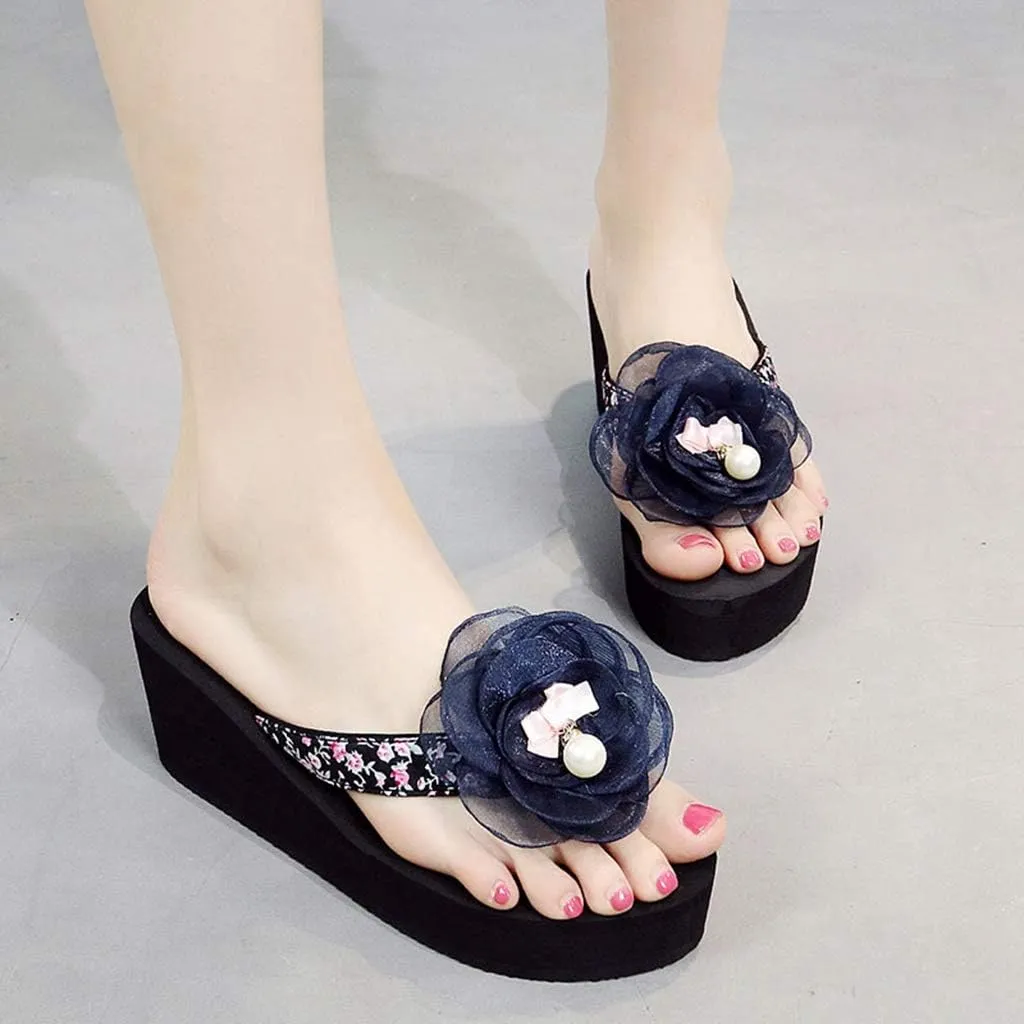 MIOKE Flower Wedge Flipflops For Womens Trendy Summer Boho High Heel Platform Nonslip Beach Thong Sandals