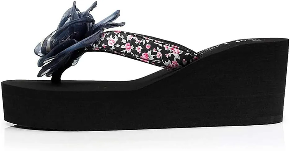 MIOKE Flower Wedge Flipflops For Womens Trendy Summer Boho High Heel Platform Nonslip Beach Thong Sandals