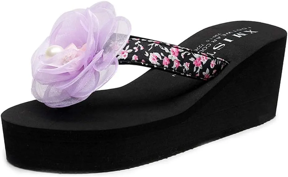 MIOKE Flower Wedge Flipflops For Womens Trendy Summer Boho High Heel Platform Nonslip Beach Thong Sandals