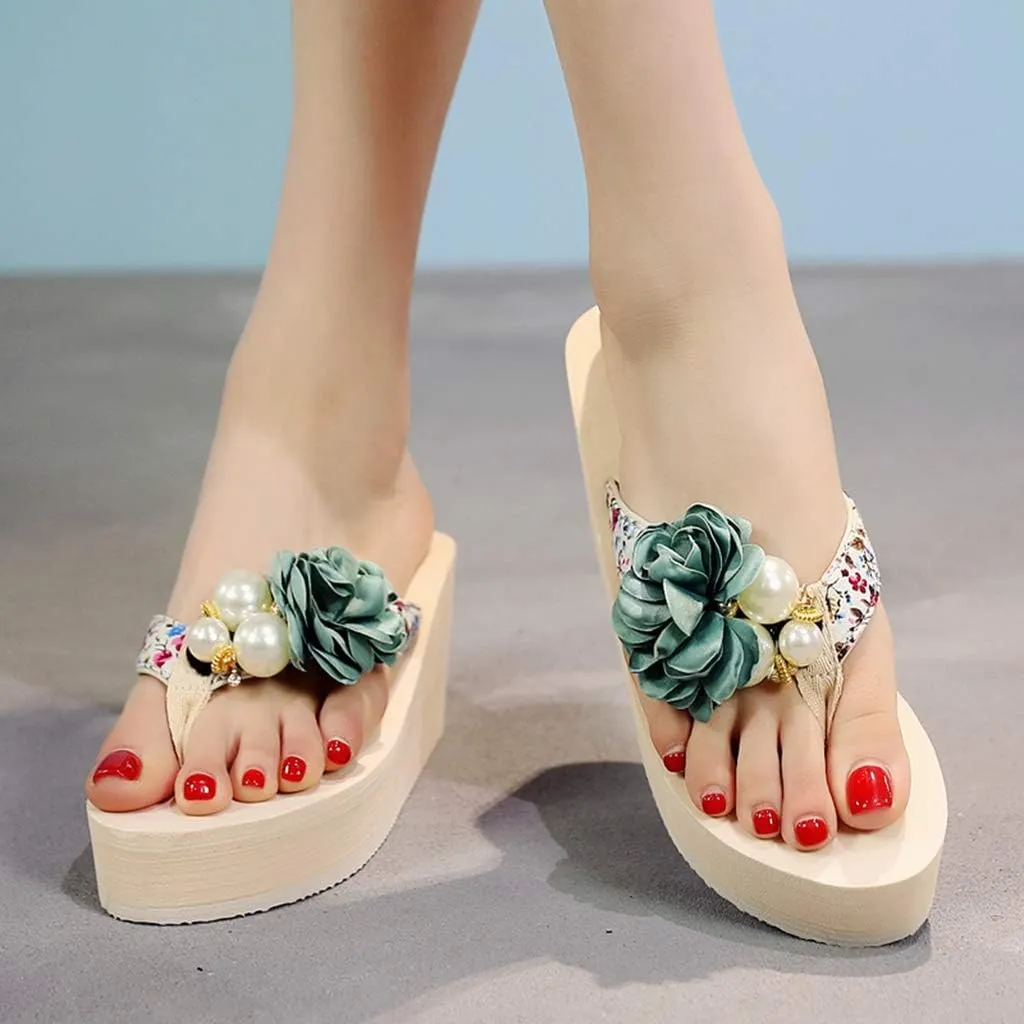 MIOKE Women's Flower Wedge Platform Flip Flops Summer Bohemia Comfy Nonslip High Heel Beach Thong Sandals