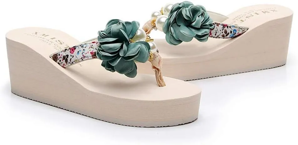 MIOKE Women's Flower Wedge Platform Flip Flops Summer Bohemia Comfy Nonslip High Heel Beach Thong Sandals