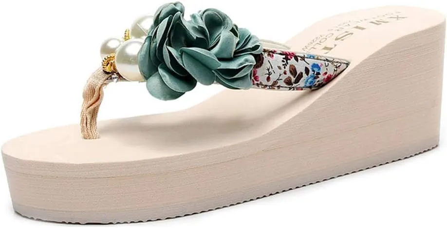 MIOKE Women's Flower Wedge Platform Flip Flops Summer Bohemia Comfy Nonslip High Heel Beach Thong Sandals