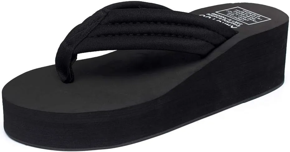 MIOKE Women's High Heel Wedge Flipflops Sandals Platform Slip On Nonslip Casual Summer Beach Thong Sandal