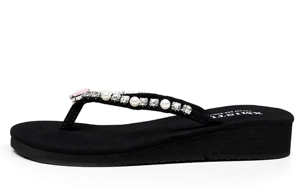 MIOKE Women's Sparkly Rhinestone Flat Flipflops Fashion Summer Beach Comfort Anti-Slip Pool Thong Sandals