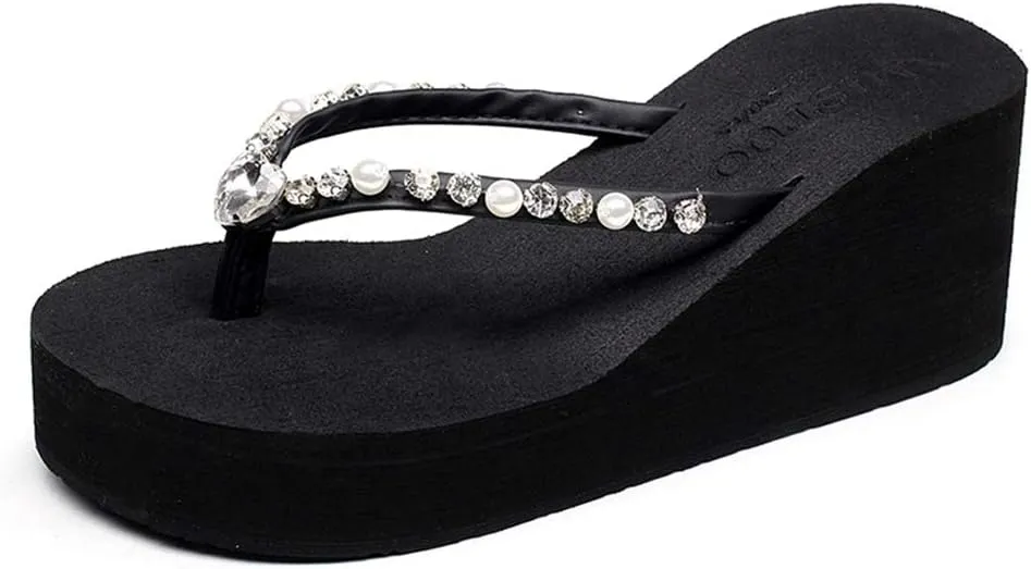 MIOKE Women's Wedge High Heel Flipflops Sandals Rhinestone Platform Nonslip Summer Beach Thong Sandal