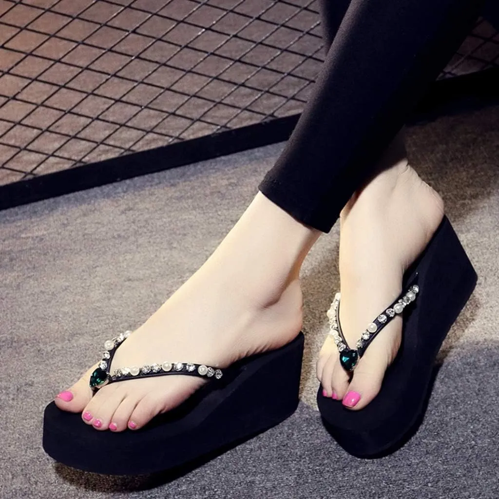 MIOKE Women's Wedge High Heel Flipflops Sandals Rhinestone Platform Nonslip Summer Beach Thong Sandal