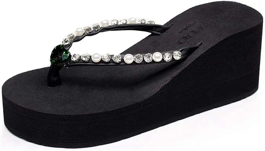 MIOKE Women's Wedge High Heel Flipflops Sandals Rhinestone Platform Nonslip Summer Beach Thong Sandal