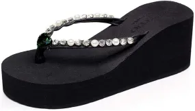 MIOKE Women's Wedge High Heel Flipflops Sandals Rhinestone Platform Nonslip Summer Beach Thong Sandal