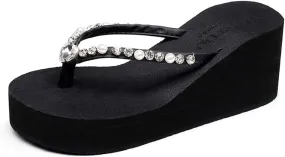 MIOKE Women's Wedge High Heel Flipflops Sandals Rhinestone Platform Nonslip Summer Beach Thong Sandal