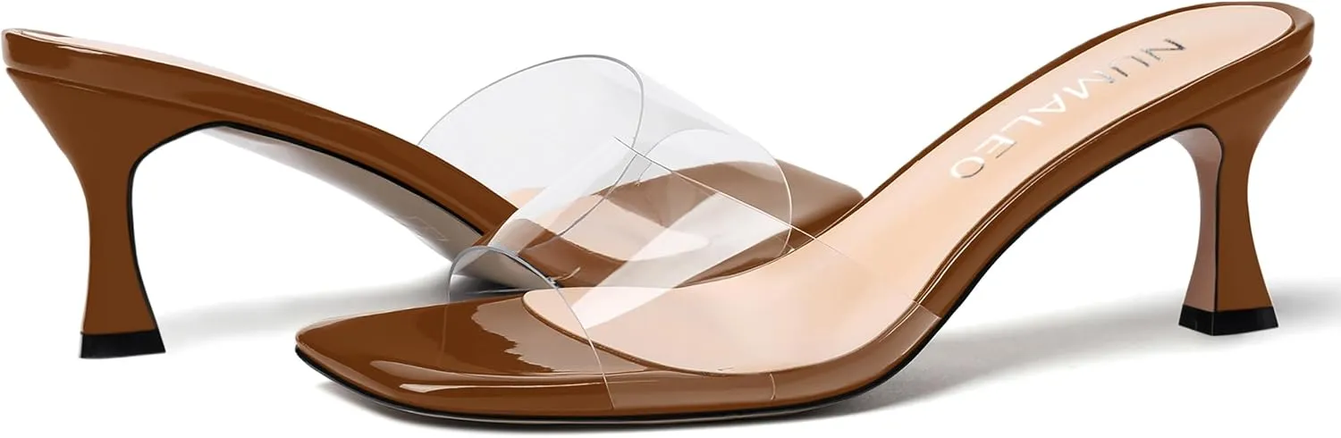 NUMALEO Womens Wedding Slip On Stylish Casual Open Toe Patent Stiletto Mid Heel Heeled Sandals 2.5 Inch