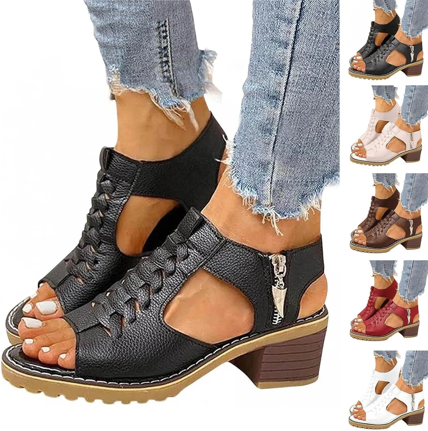 Summer Sandals for Women 2024 Womens Sandals 2024 Dressy Trendy Leather Open Toe Low Heel Sandals Shoes with Zipper
