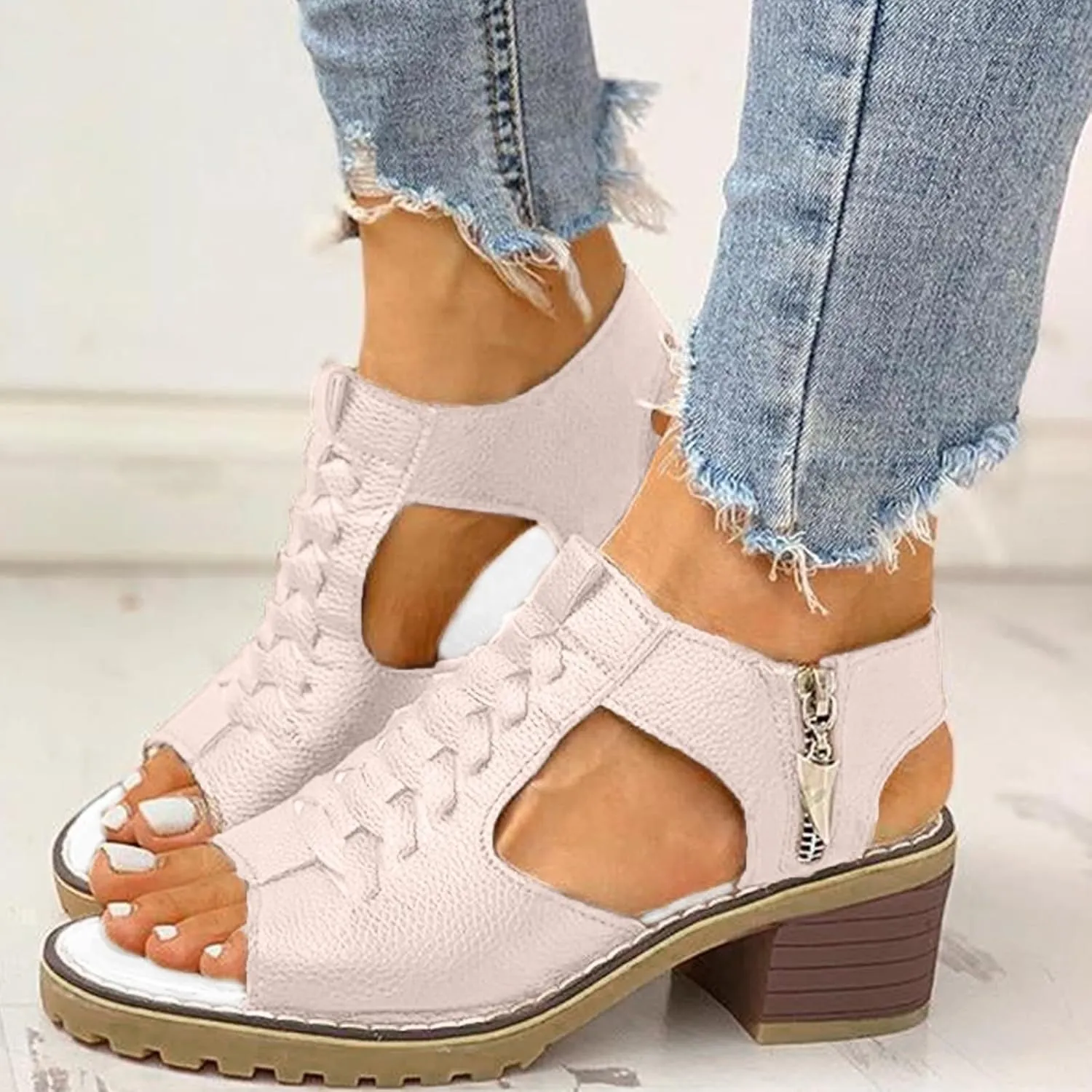 Summer Sandals for Women 2024 Womens Sandals 2024 Dressy Trendy Leather Open Toe Low Heel Sandals Shoes with Zipper