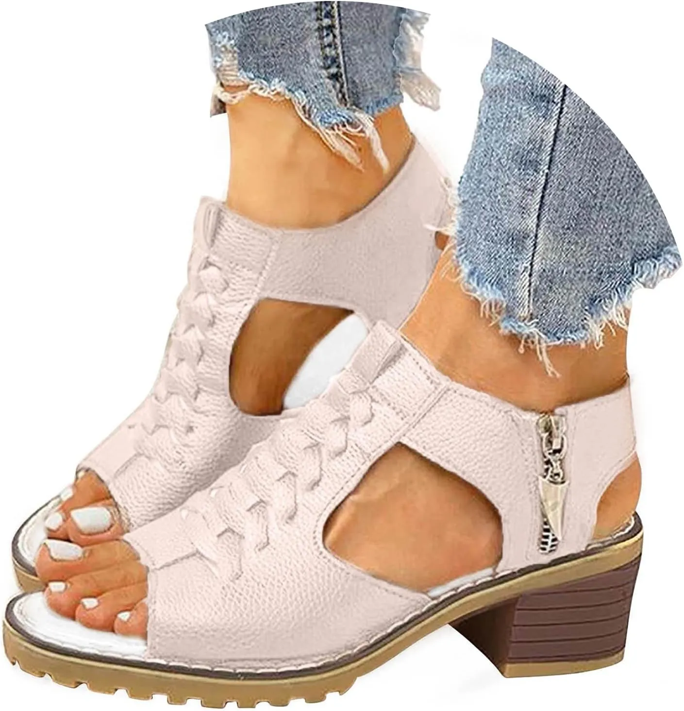 Summer Sandals for Women 2024 Womens Sandals 2024 Dressy Trendy Leather Open Toe Low Heel Sandals Shoes with Zipper