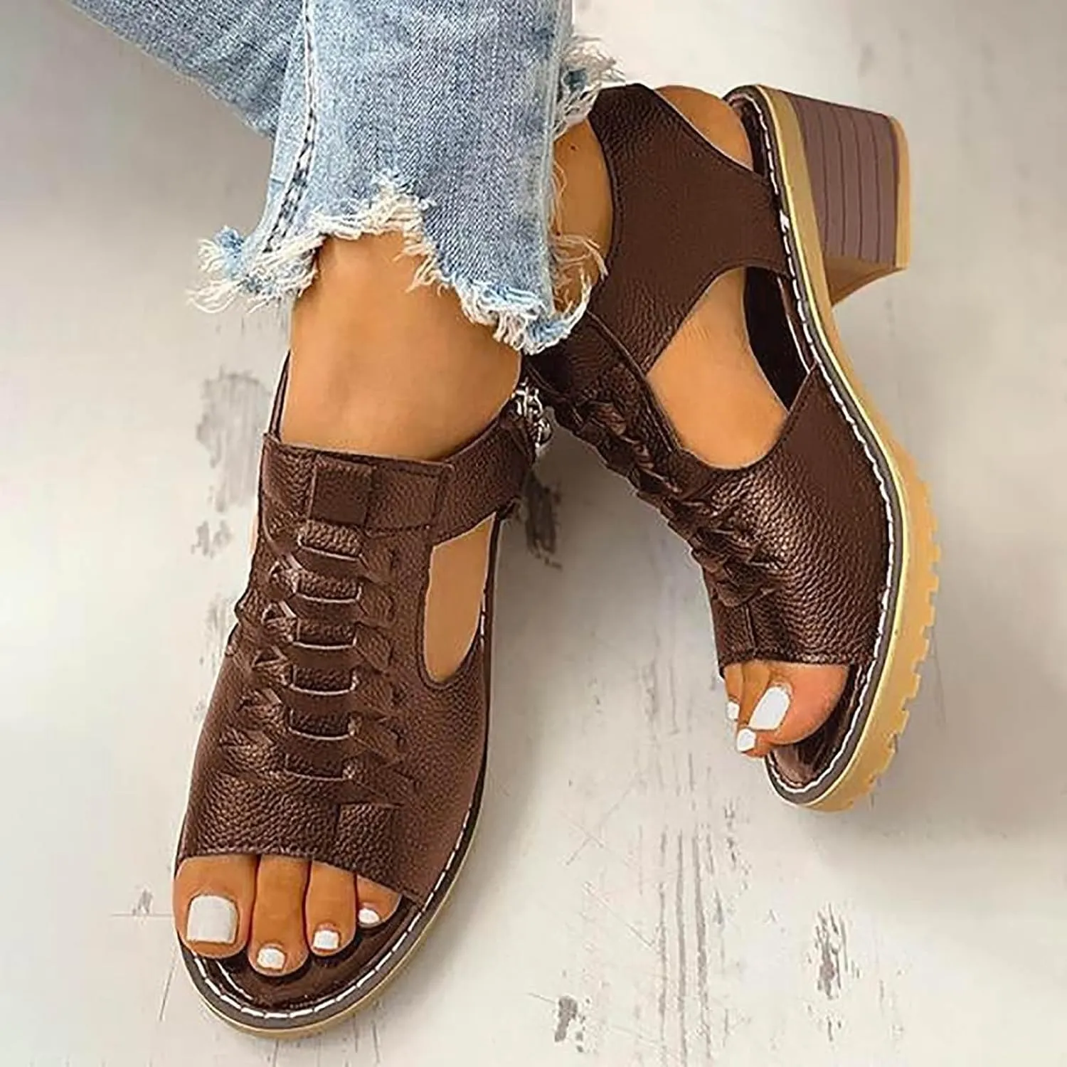 Summer Sandals for Women 2024 Womens Sandals 2024 Dressy Trendy Leather Open Toe Low Heel Sandals Shoes with Zipper