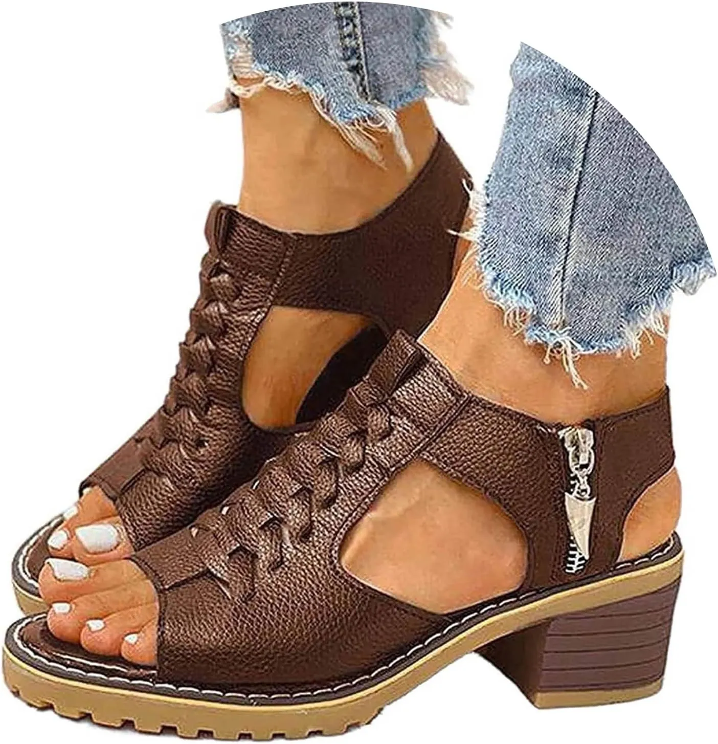 Summer Sandals for Women 2024 Womens Sandals 2024 Dressy Trendy Leather Open Toe Low Heel Sandals Shoes with Zipper