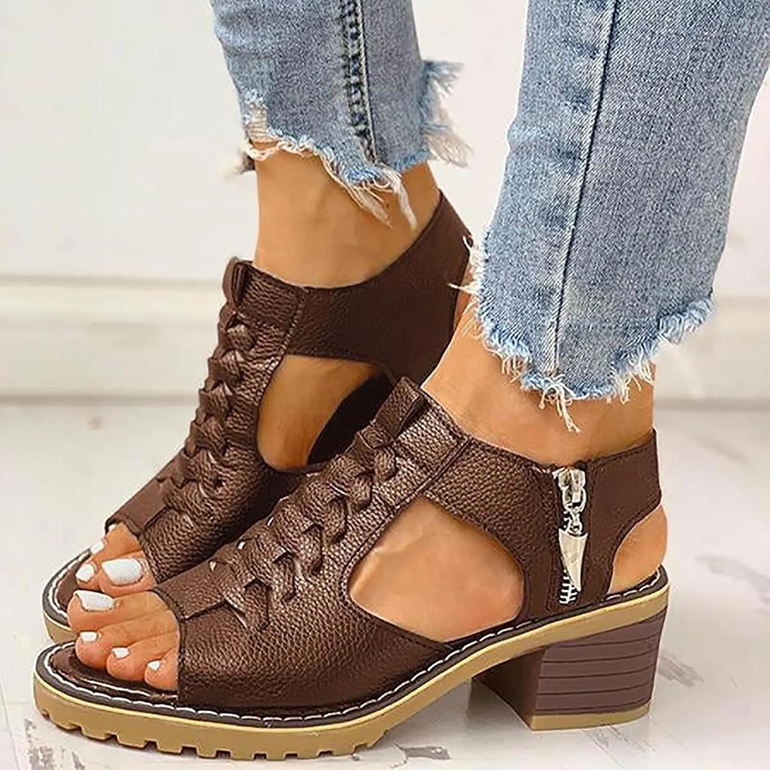 Summer Sandals for Women 2024 Womens Sandals 2024 Dressy Trendy Leather Open Toe Low Heel Sandals Shoes with Zipper