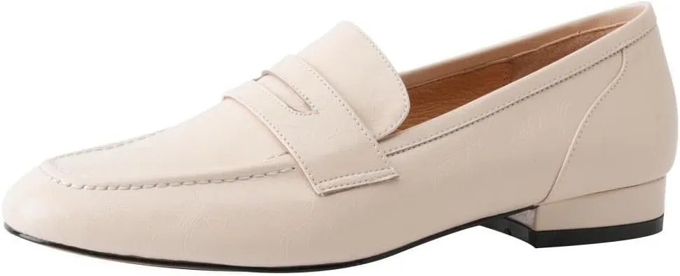 TinaCus Women's Genuine Leather Round Toe Light-Weight Slip-on Handmade Chunky Heel Loafers Flats