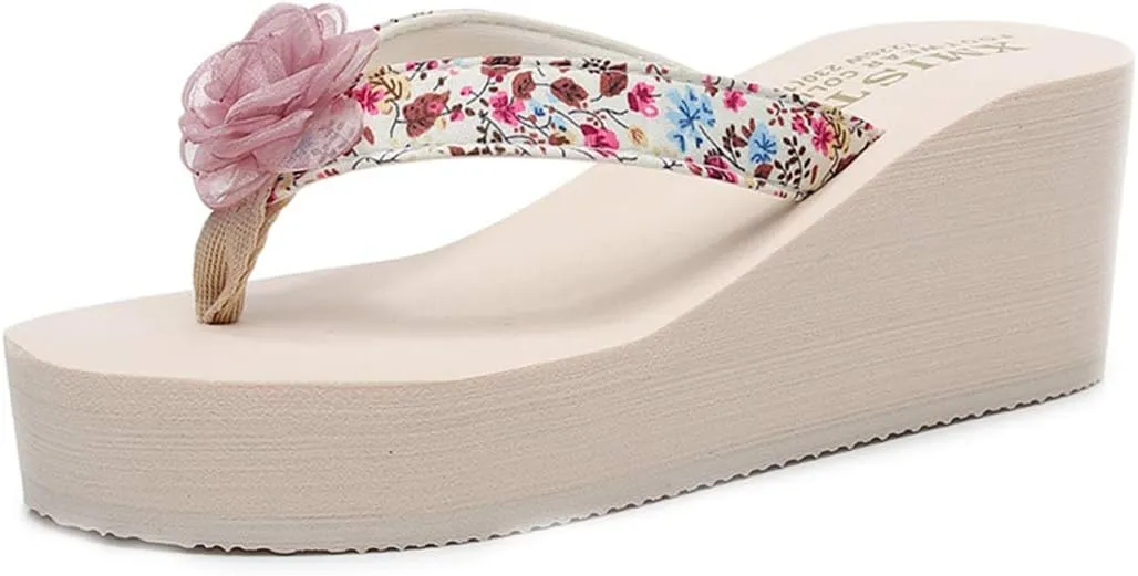 VOKLIN Women's Bohemian Flower Wedge High Heel Flipflop Sandals Summer Platform Nonslip Beach Thong Sandal