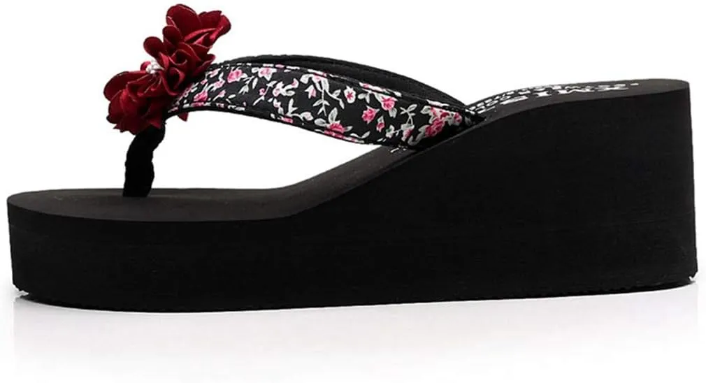 VOKLIN Women's Bohemian Flowers Wedge High Heel Flipflop Sandals Summer Platform Nonslip Beach Thong Sandal