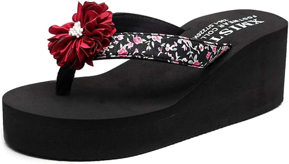 VOKLIN Women's Bohemian Flowers Wedge High Heel Flipflop Sandals Summer Platform Nonslip Beach Thong Sandal
