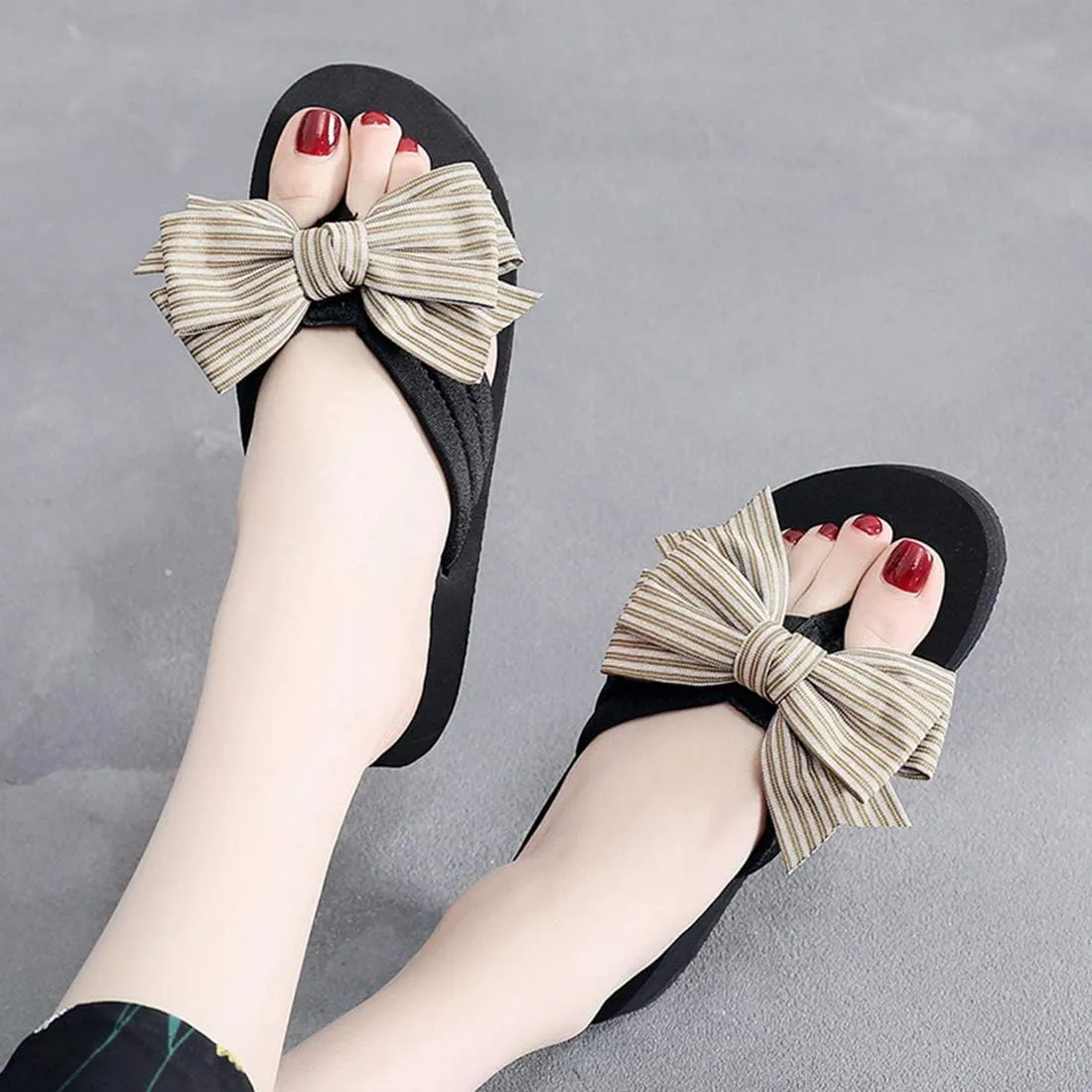 VOKLIN Women's Fashion Bowknot Wedge Flipflops Sandals Platform Comfort Nonslip Summer Beach Thong Sandals