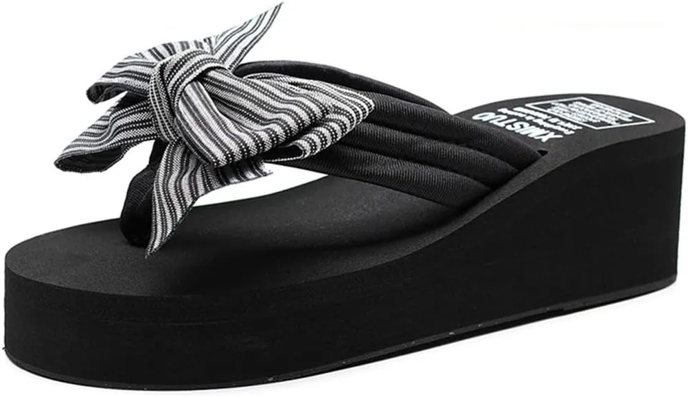 VOKLIN Women's Fashion Bowknot Wedge Flipflops Sandals Platform Comfort Nonslip Summer Beach Thong Sandals
