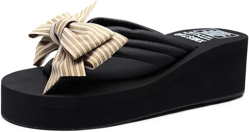 VOKLIN Women's Fashion Bowknot Wedge Flipflops Sandals Platform Comfort Nonslip Summer Beach Thong Sandals