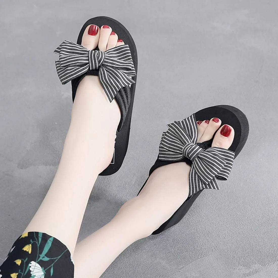 VOKLIN Women's Fashion Bowknot Wedge Flipflops Sandals Platform Comfort Nonslip Summer Beach Thong Sandals