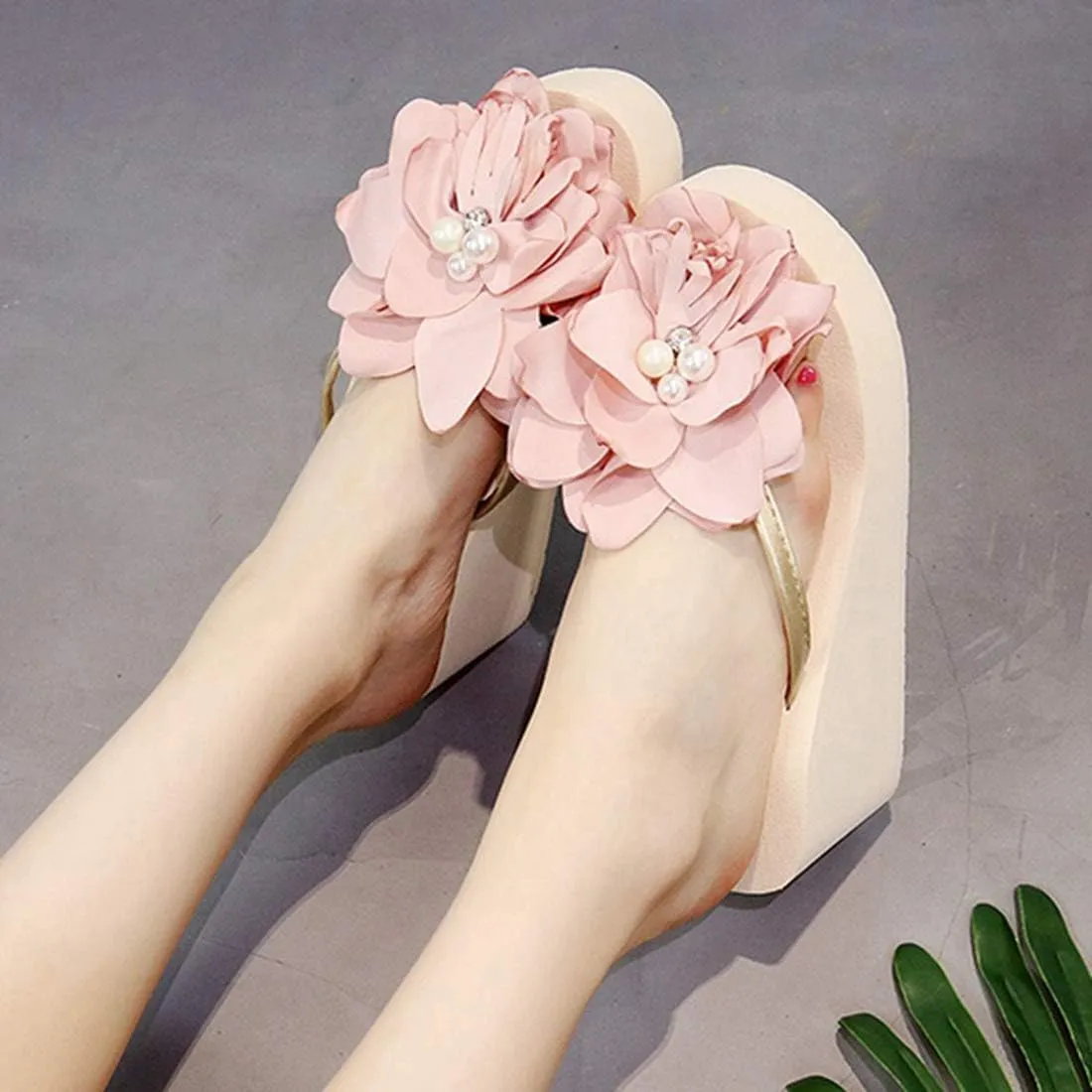 VOKLIN Women's Wedge High Heel Flipflop Sandals Bohemian Flowers Summer Platform Nonslip Beach Thong Sandal