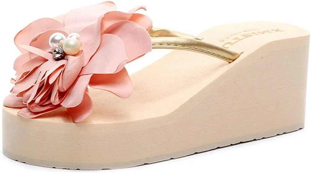 VOKLIN Women's Wedge High Heel Flipflop Sandals Bohemian Flowers Summer Platform Nonslip Beach Thong Sandal