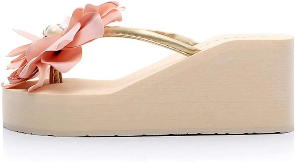VOKLIN Women's Wedge High Heel Flipflop Sandals Bohemian Flowers Summer Platform Nonslip Beach Thong Sandal