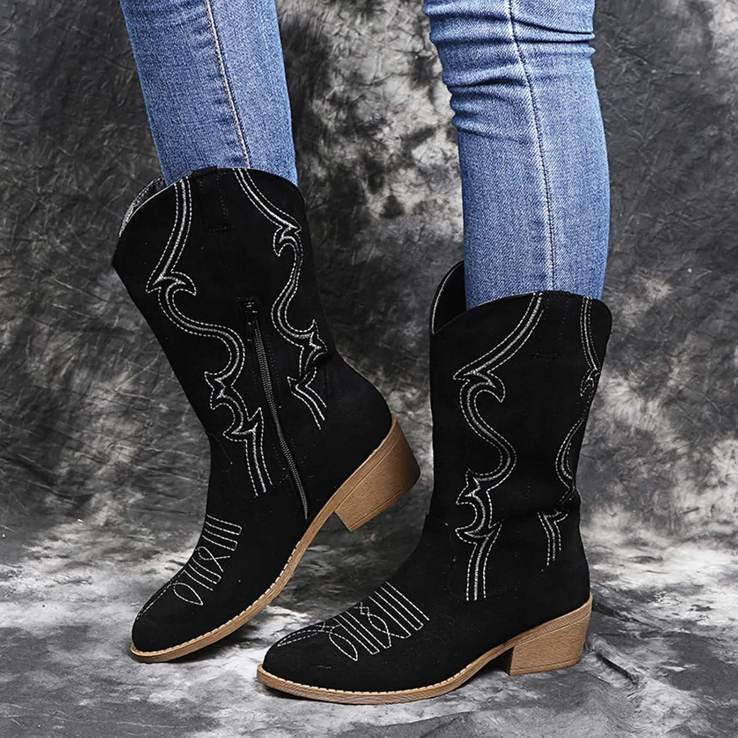 Womens Boots Retro Pattern Solid Color Square Heel Boots for Women Side Zipper Durable Soles Mid-Calf Boots