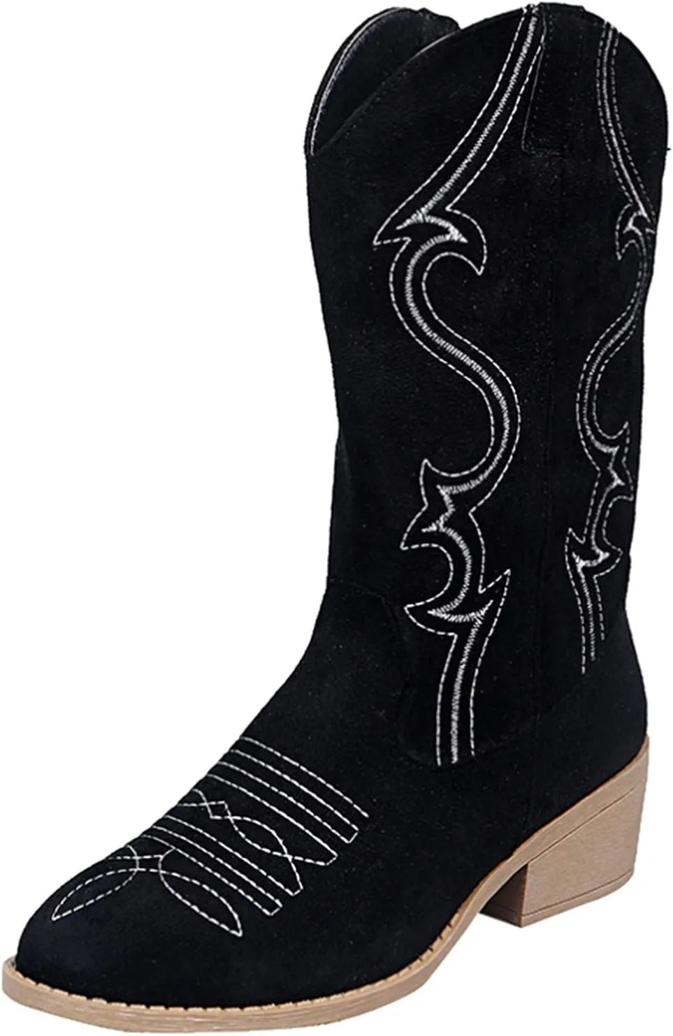Womens Boots Retro Pattern Solid Color Square Heel Boots for Women Side Zipper Durable Soles Mid-Calf Boots