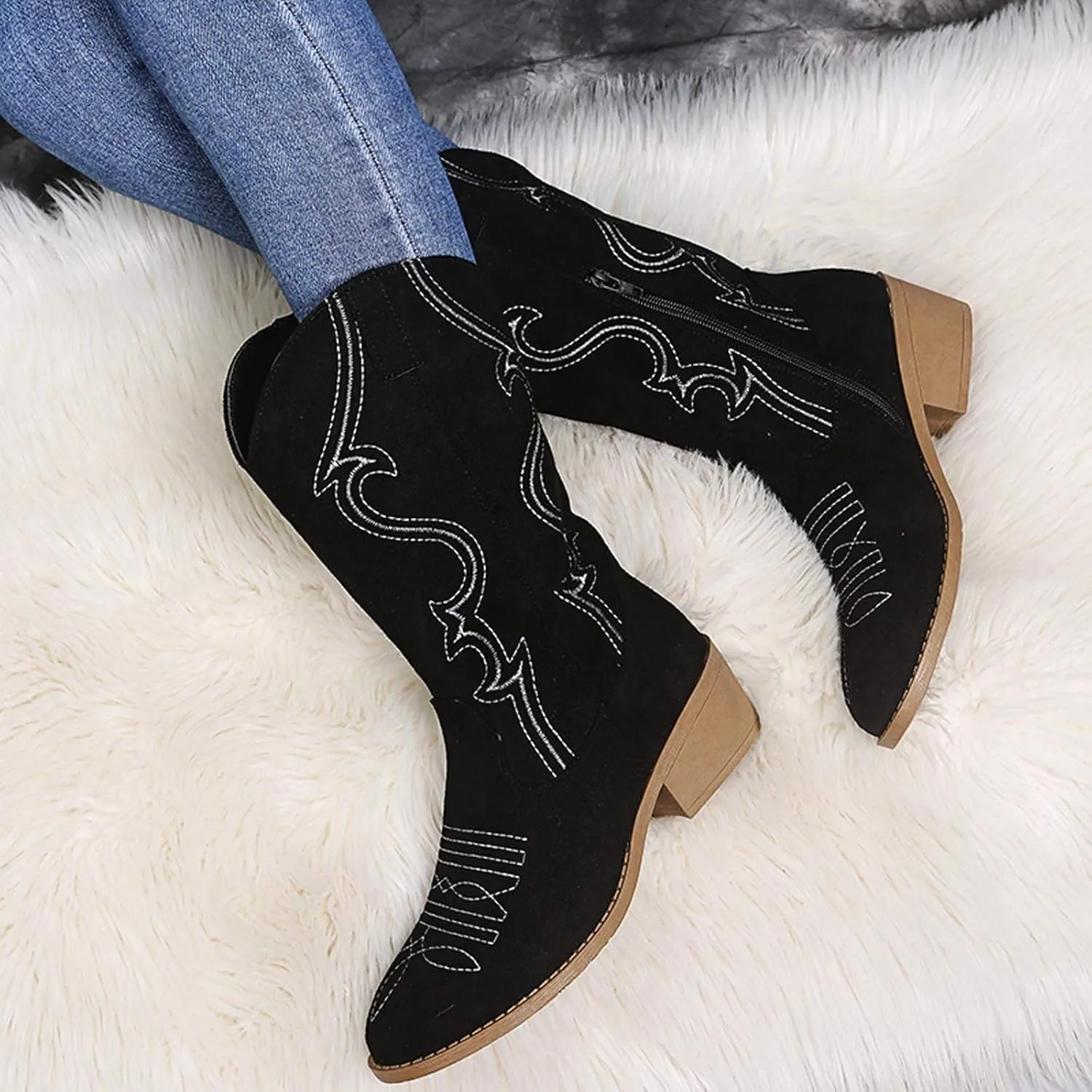 Womens Boots Retro Pattern Solid Color Square Heel Boots for Women Side Zipper Durable Soles Mid-Calf Boots