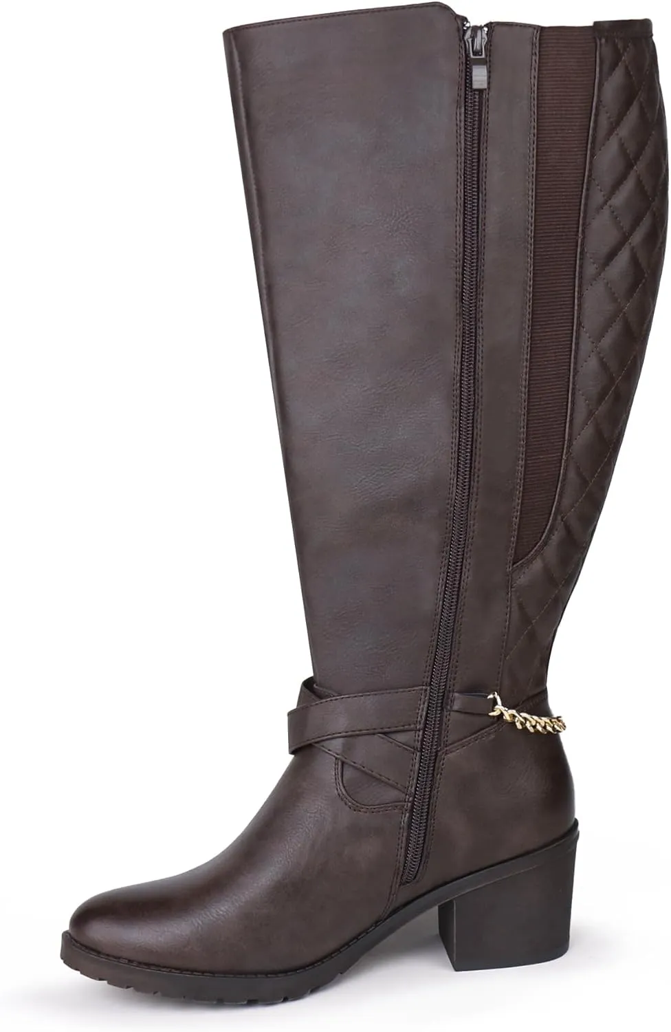 Women's Extra Wide Calf Block Heel Chic Chain Buckle Motorcycle Knee High Boots
