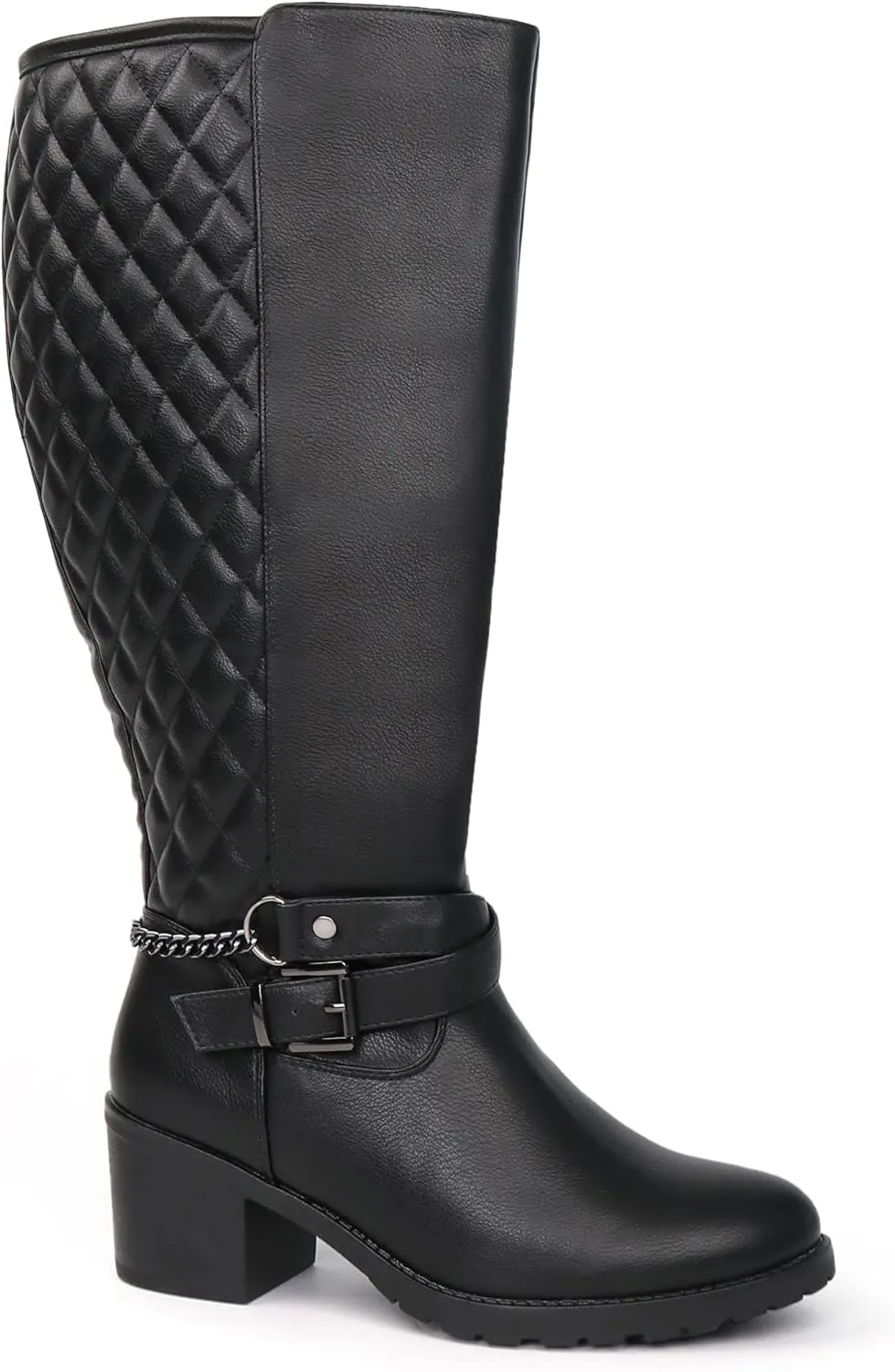 Women's Extra Wide Calf Block Heel Chic Chain Buckle Motorcycle Knee High Boots