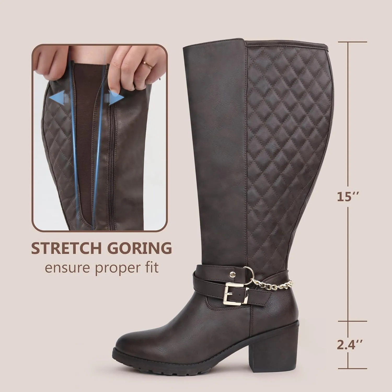 Women's Extra Wide Calf Block Heel Chic Chain Buckle Motorcycle Knee High Boots