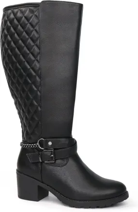 Women's Extra Wide Calf Block Heel Chic Chain Buckle Motorcycle Knee High Boots