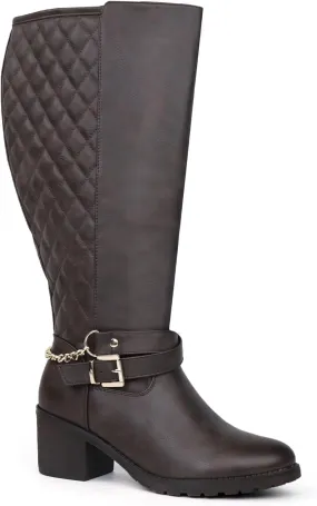 Women's Extra Wide Calf Block Heel Chic Chain Buckle Motorcycle Knee High Boots